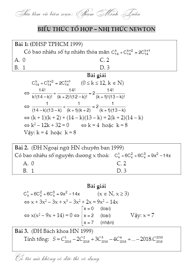 bài tập biểu thức tổ hợp và nhị thức newton – phạm minh tuấn