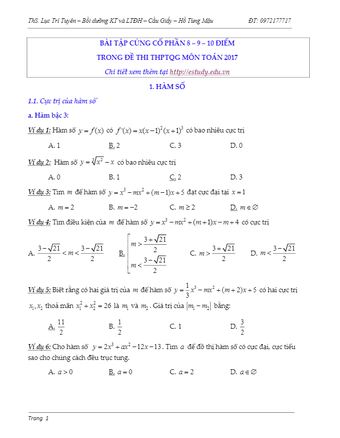 bài tập củng cố phần 8 – 9 – 10 điểm trong đề thi thpt quốc gia 2017 môn toán – lục trí tuyên