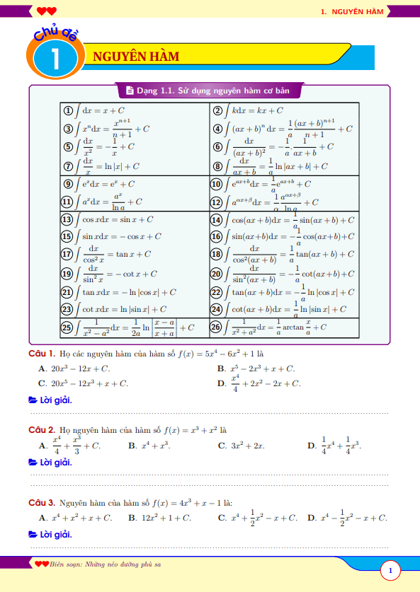 bài tập nguyên hàm dành cho học sinh trung bình – yếu