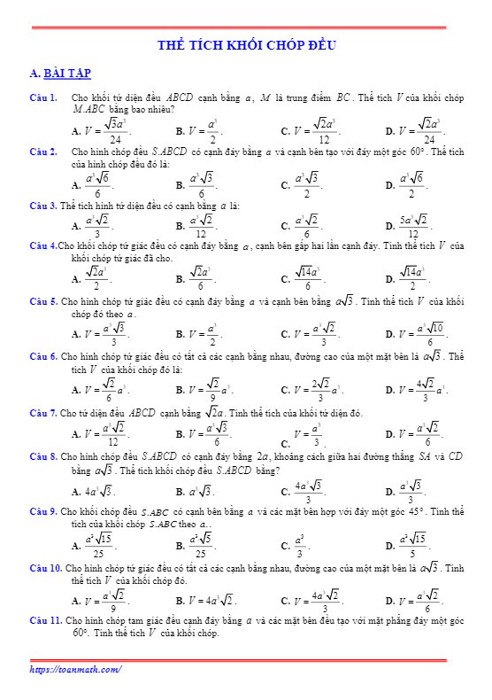 bài tập thể tích khối chóp đều có lời giải chi tiết