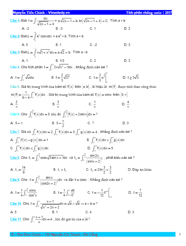 bài tập tích phân chống casio – nguyễn tiến chinh