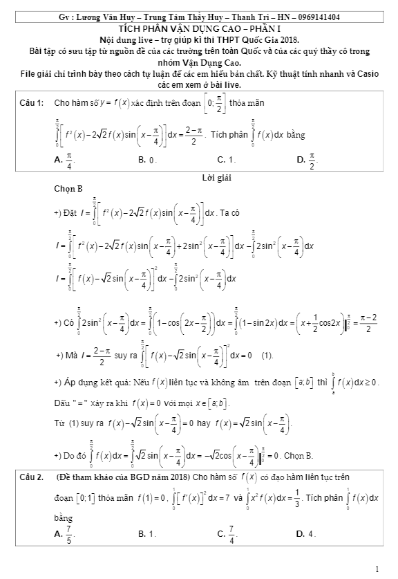 bài tập tích phân vận dụng cao có lời giải chi tiết – lương văn huy