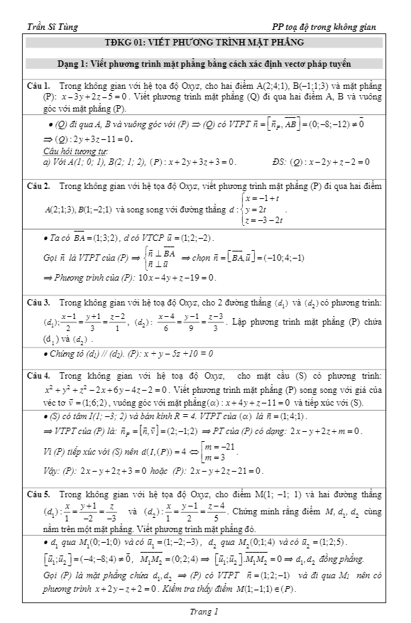 bài tập tọa độ không gian phân theo dạng có lời giải chi tiết – trần sĩ tùng