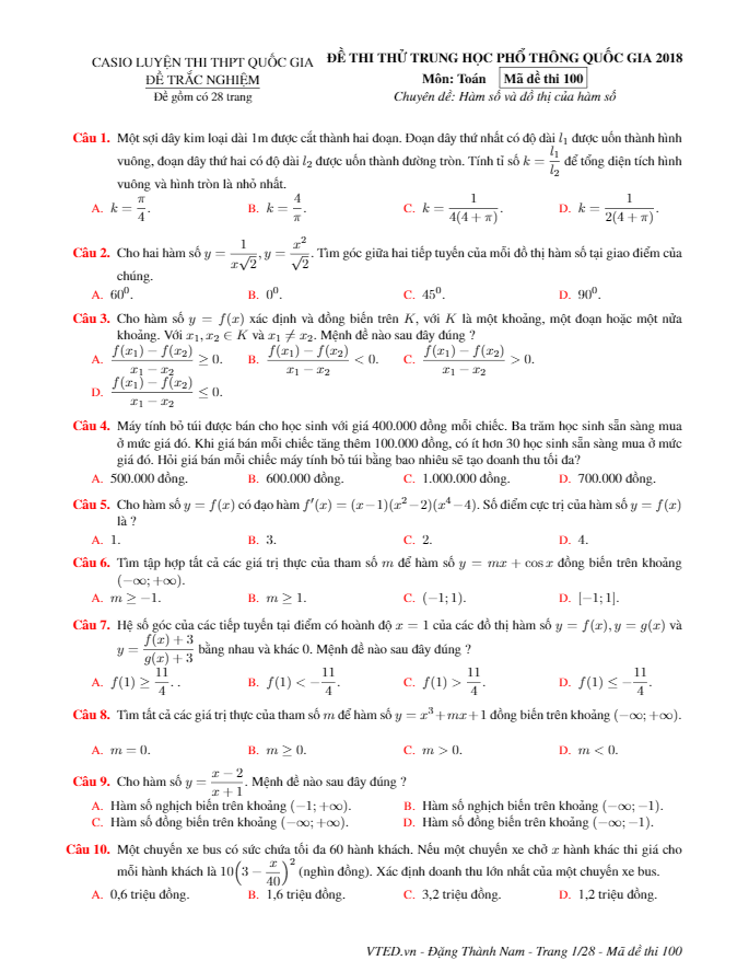 bài tập trắc nghiệm chuyên đề hàm số và đồ thị của hàm số có đáp án – đặng thành nam