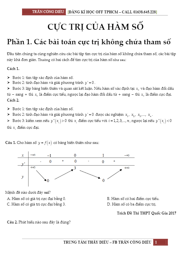 bài tập trắc nghiệm cực trị của hàm số – trần công diêu