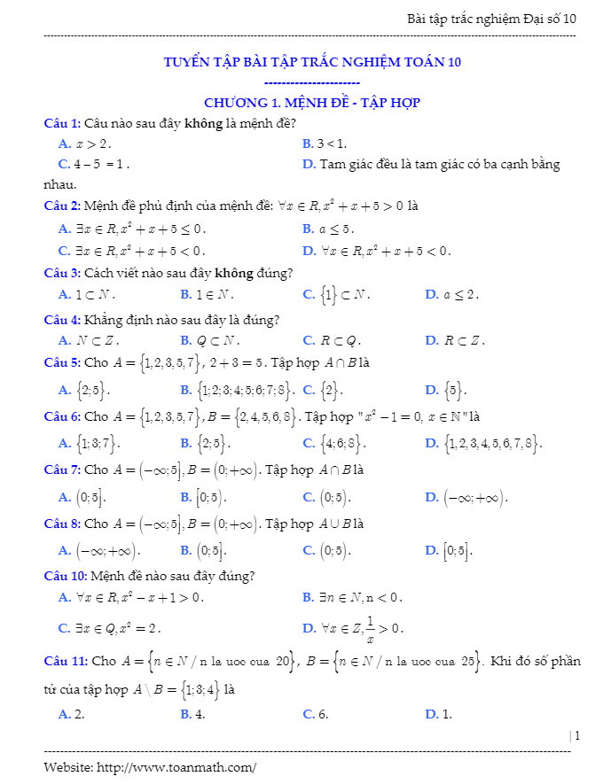 bài tập trắc nghiệm đại số 10