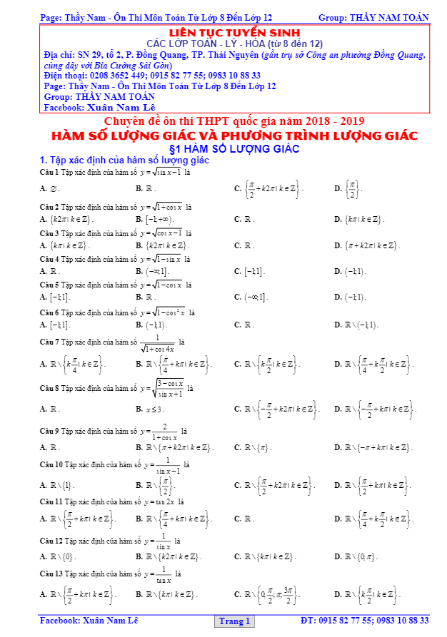 bài tập trắc nghiệm hàm số lượng giác và phương trình lượng giác – lê xuân nam