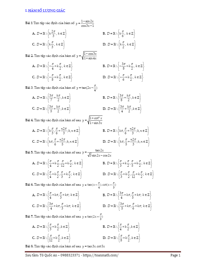 bài tập trắc nghiệm hàm số lượng giác và phương trình lượng giác – tô quốc an