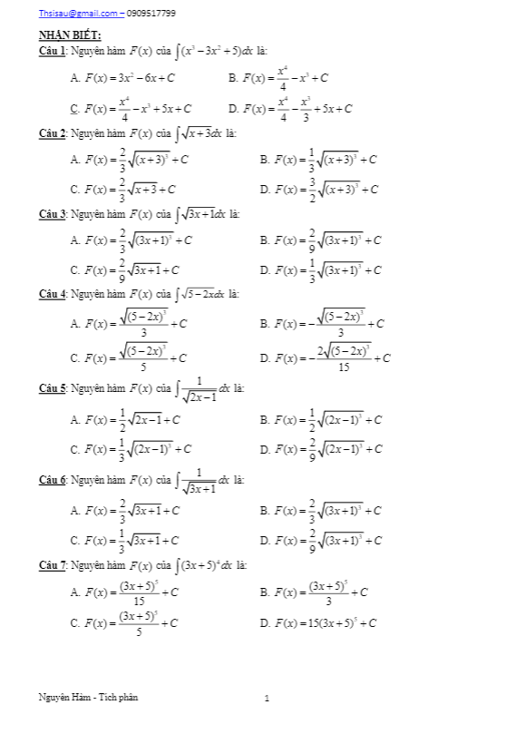 bài tập trắc nghiệm nguyên hàm, tích phân – phạm văn sáu