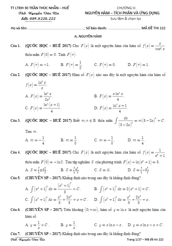 bài tập trắc nghiệm nguyên hàm – tích phân và ứng dụng – nguyễn văn rin