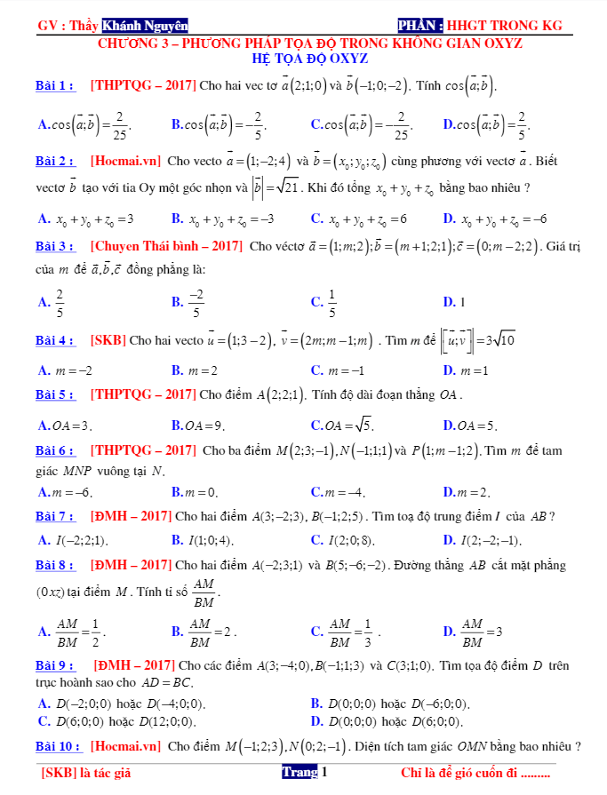 bài tập trắc nghiệm phương pháp tọa độ trong không gian oxyz – nguyễn khánh nguyên