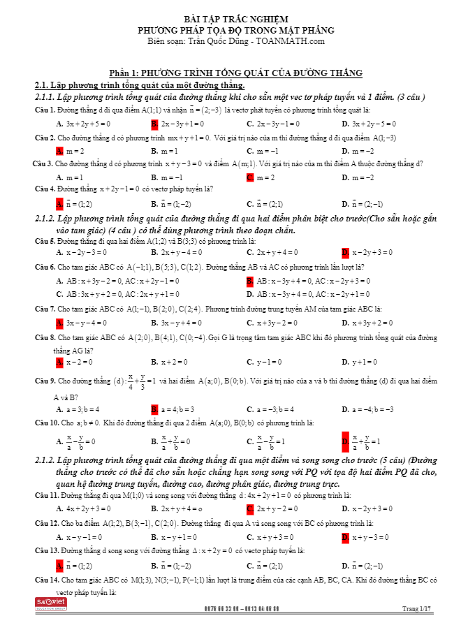 bài tập trắc nghiệm phương pháp tọa độ trong mặt phẳng – trần quốc dũng