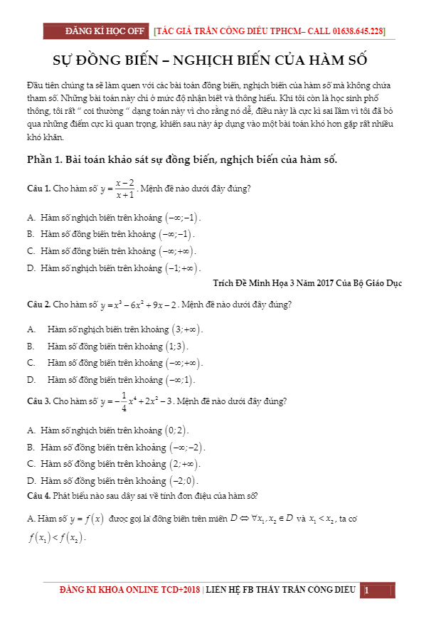bài tập trắc nghiệm sự đồng biến và nghịch biến của hàm số – trần công diêu
