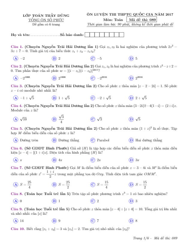 bài tập trắc nghiệm tổng ôn số phức – đoàn trí dũng