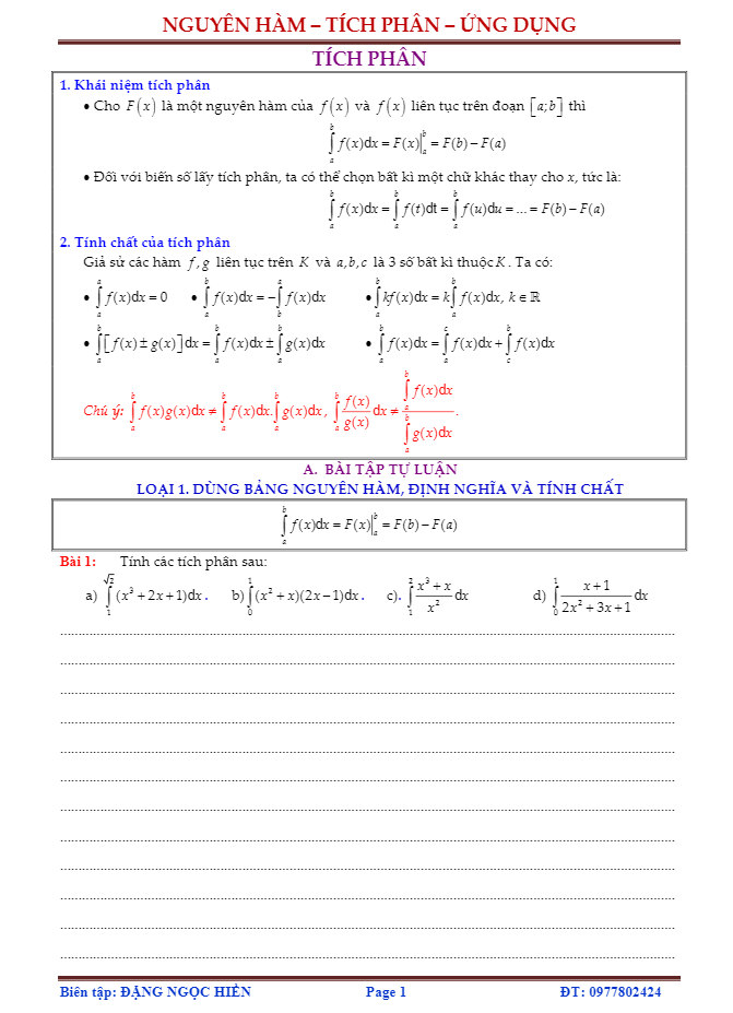 bài tập tự luận và trắc nghiệm tích phân – đặng ngọc hiền