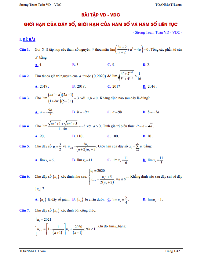 bài tập vd – vdc giới hạn của dãy số, giới hạn của hàm số và hàm số liên tục