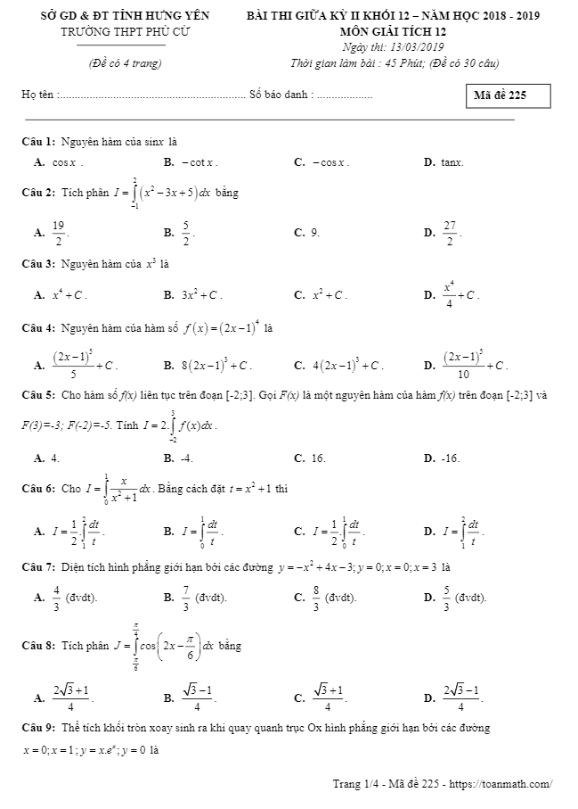 bài thi giữa kỳ 2 giải tích 12 năm 2018 – 2019 trường thpt phù cừ – hưng yên