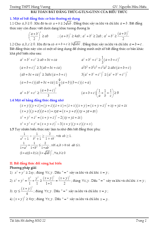 bài toán bất đẳng thức – gtln – gtnn của biểu thức – nguyễn hữu hiếu