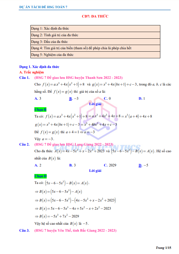 bài toán đa thức trong các đề thi học sinh giỏi toán 7