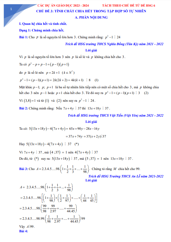 bài toán tính chất chia hết trong tập hợp số tự nhiên trong các đề thi hsg toán 6
