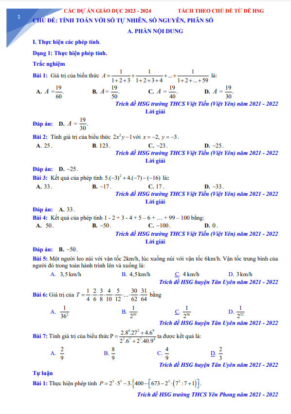 bài toán tính toán với số tự nhiên, số nguyên, phân số trong các đề thi hsg toán 6