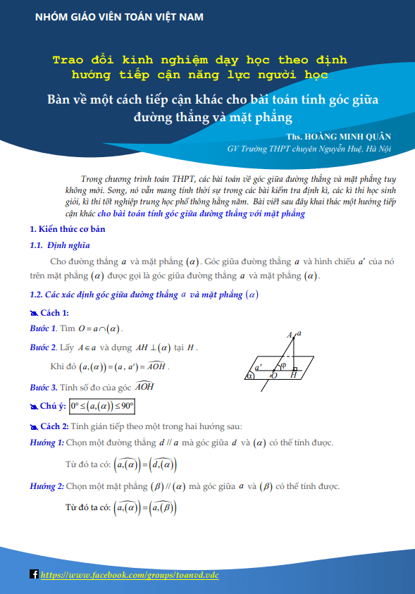 bàn về một cách tiếp cận khác cho bài toán tính góc giữa đường thẳng và mặt phẳng