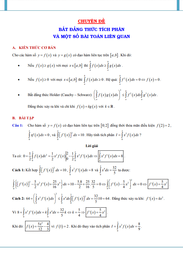 bất đẳng thức tích phân và một số bài toán liên quan