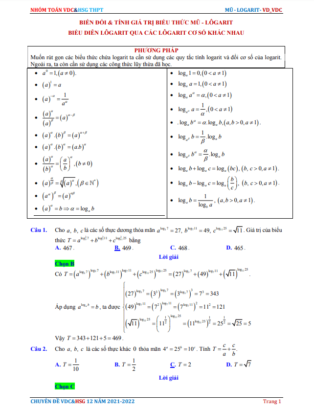 biến đổi và tính giá trị biểu thức mũ – lôgarit, biểu diễn lôgarit qua các lôgarit cơ số khác nhau