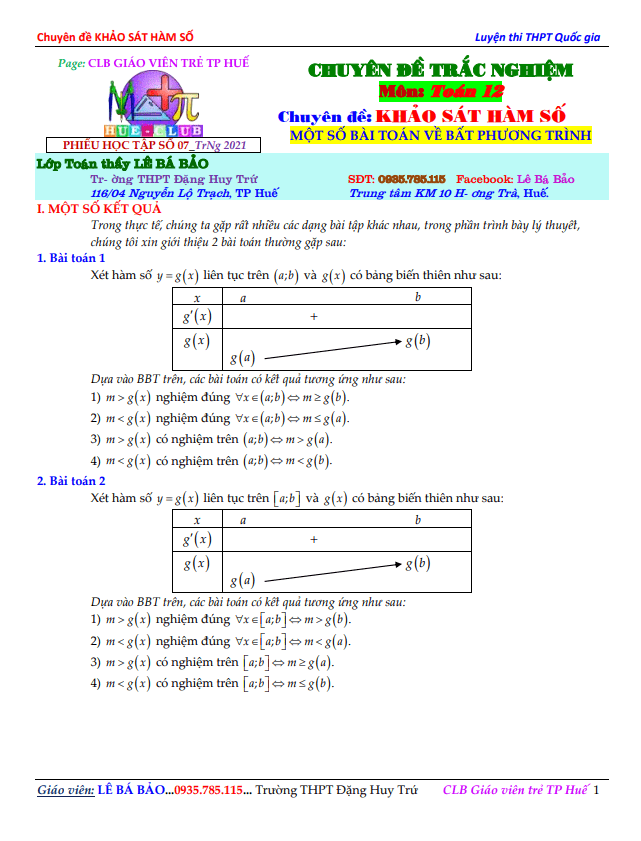 biện luận nghiệm của bất phương trình dựa vào bảng biến thiên hoặc đồ thị hàm số