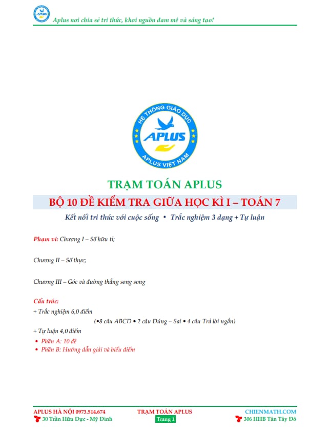 bộ 10 đề kiểm tra giữa học kì 1 môn toán 7 knttvcs cấu trúc mới