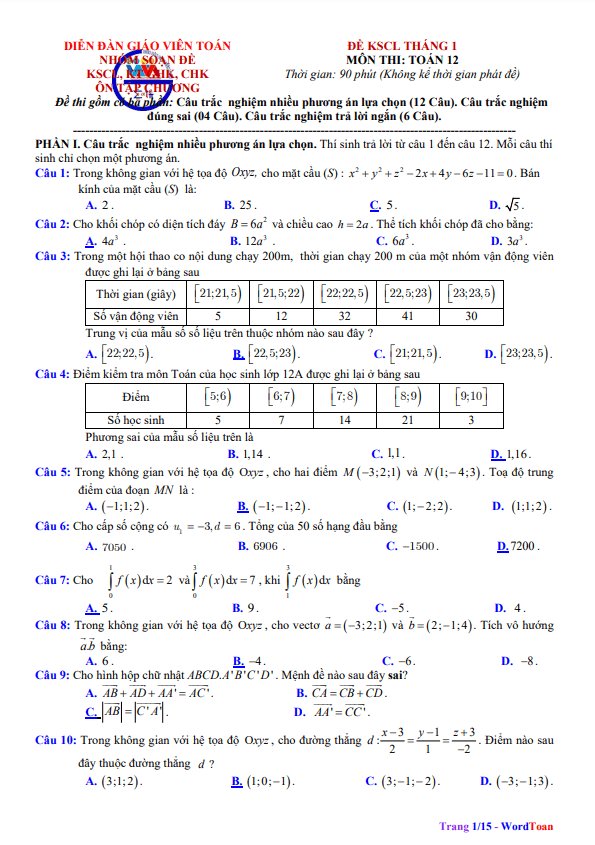 bộ đề khảo sát chất lượng tháng 1 toán 12 có đáp án và lời giải
