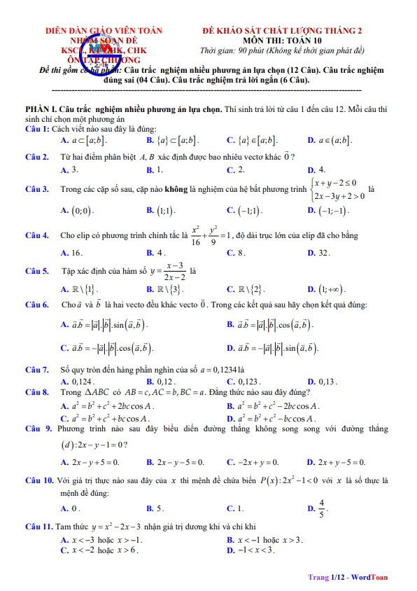 bộ đề khảo sát chất lượng tháng 2 toán 10 có đáp án và lời giải