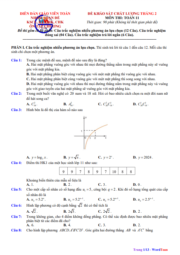 bộ đề khảo sát chất lượng tháng 2 toán 11 có đáp án và lời giải