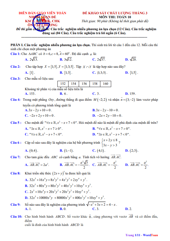 bộ đề khảo sát chất lượng tháng 3 toán 10 có đáp án và lời giải