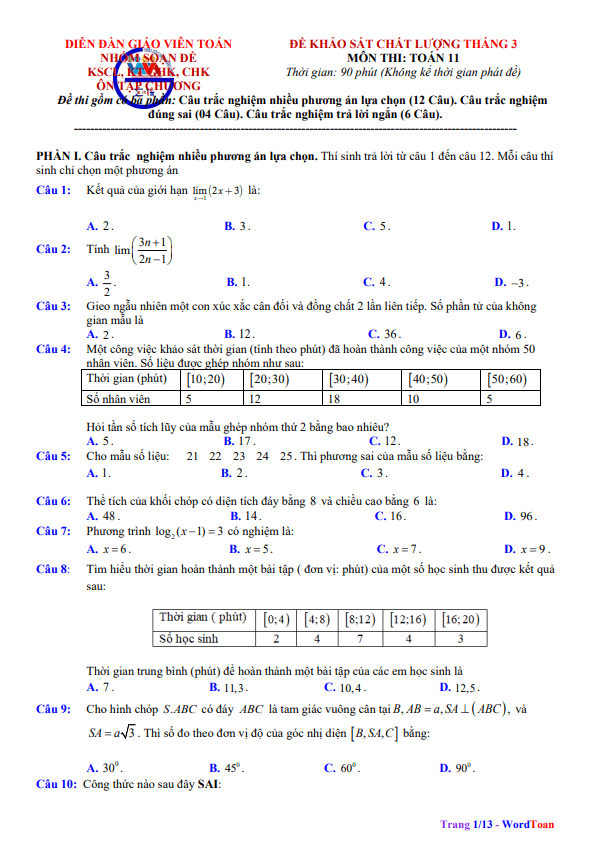 bộ đề khảo sát chất lượng tháng 3 toán 11 có đáp án và lời giải