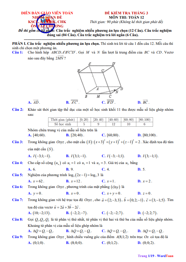 bộ đề khảo sát chất lượng tháng 3 toán 12 có đáp án và lời giải