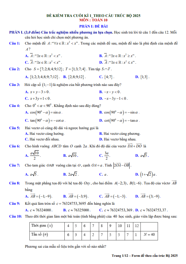 bộ đề kiểm tra cuối học kì 1 toán 10 cấu trúc trắc nghiệm mới