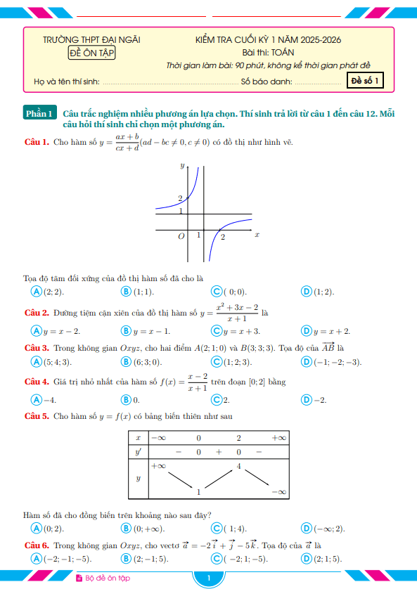 bộ đề ôn tập cuối kỳ 1 toán 12 năm 2025 – 2026 trường thpt đại ngãi – cần thơ