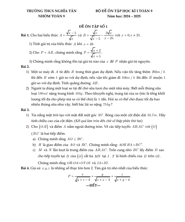 bộ đề ôn tập học kì 1 toán 9 năm 2024 – 2025 trường thcs nghĩa tân – hà nội