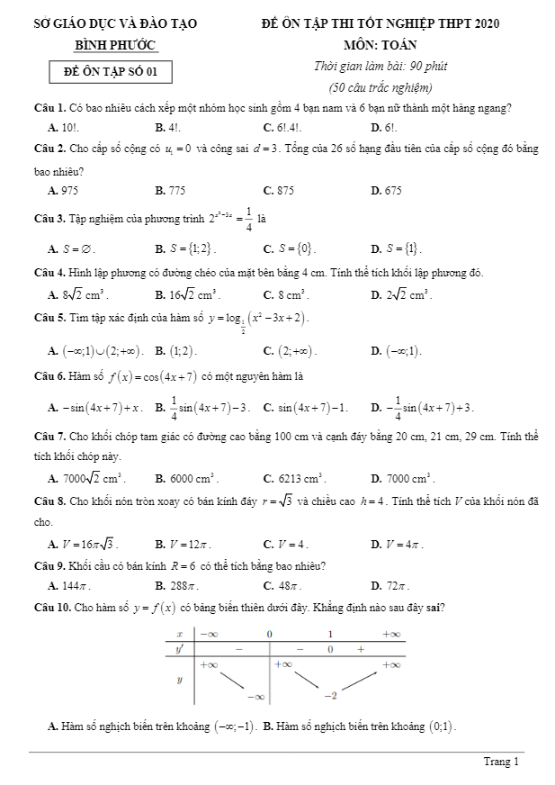 bộ đề ôn tập thi tốt nghiệp thpt 2020 môn toán sở gd&đt bình phước