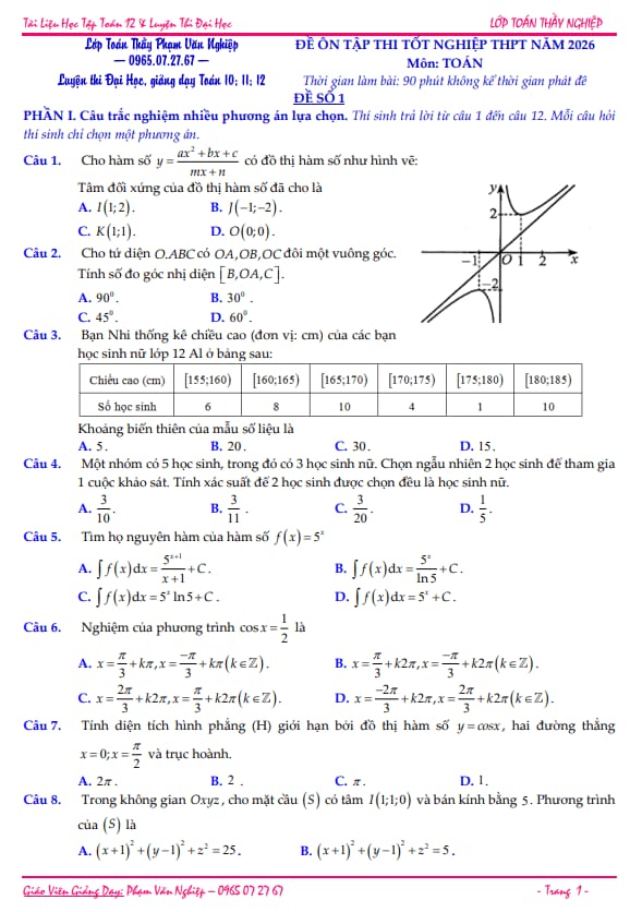 bộ đề ôn tập thi tốt nghiệp thpt môn toán năm 2026 – phạm văn nghiệp