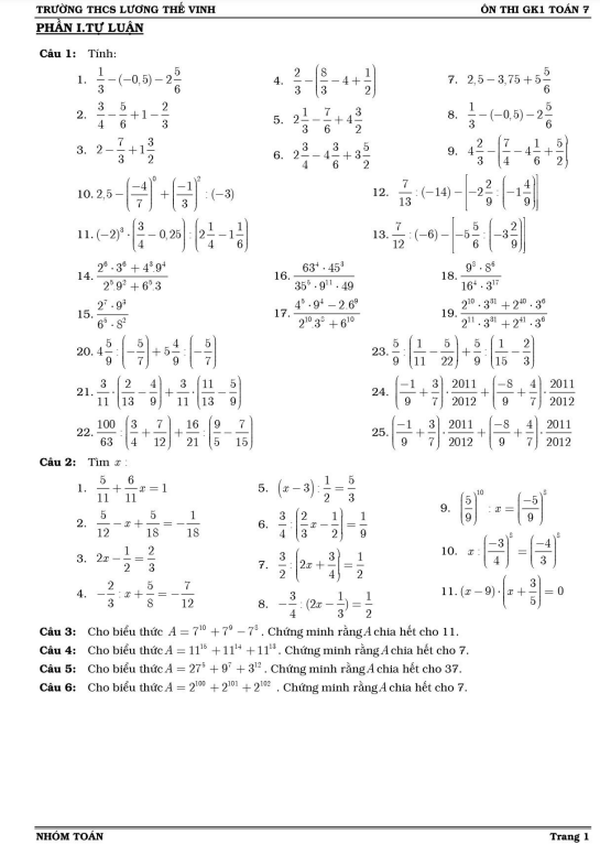bộ đề ôn thi gk1 toán 7 năm 2022 – 2023 trường lương thế vinh – hà nội