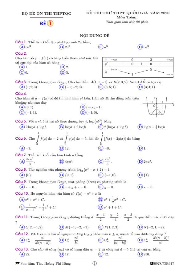 bộ đề ôn thi thpt quốc gia môn toán năm 2020 có đáp án