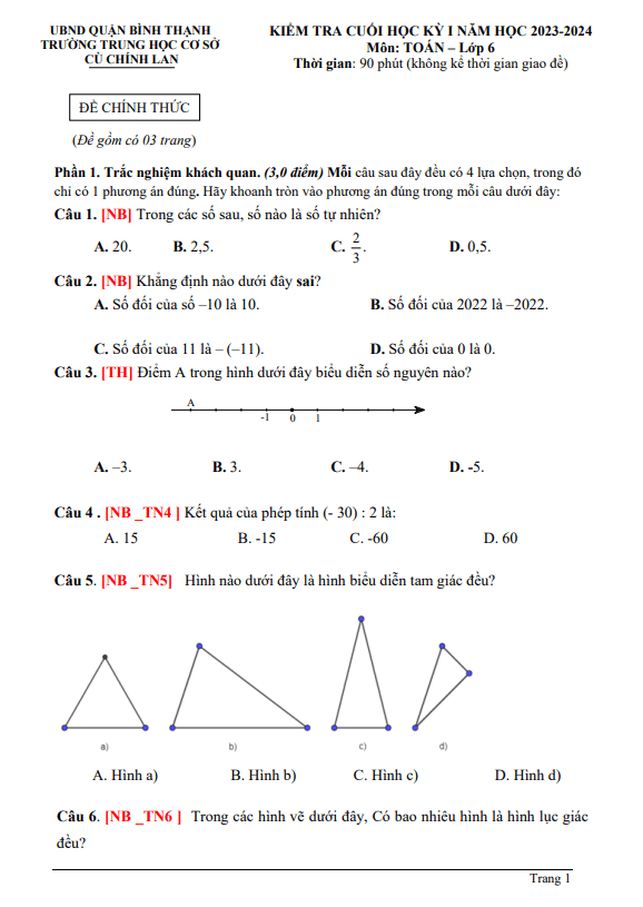 bộ đề tham khảo cuối kỳ 1 toán 6 năm 2023 – 2024 phòng gd&đt bình thạnh – tp hcm