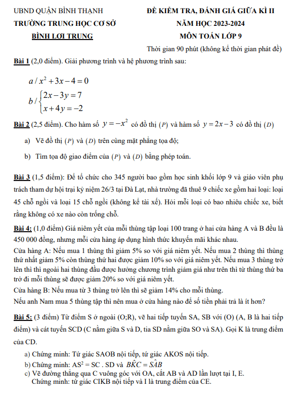 bộ đề tham khảo giữa kì 2 toán 9 năm 2023 – 2024 phòng gd&đt bình thạnh – tp hcm
