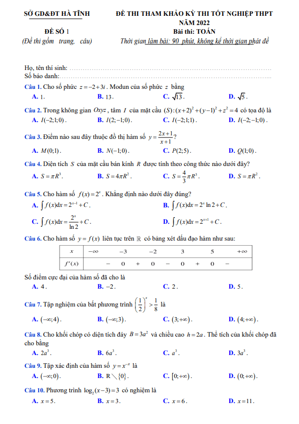 bộ đề tham khảo thi tốt nghiệp thpt 2022 môn toán sở gd&đt hà tĩnh