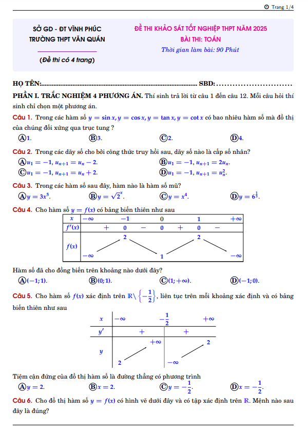 bộ đề tham khảo tốt nghiệp thpt 2025 môn toán sở gd&đt vĩnh phúc