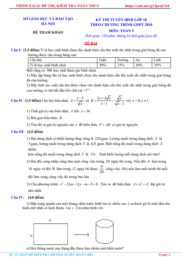 bộ đề tham khảo tuyển sinh vào lớp 10 môn toán gdpt 2018 thành phố hà nội