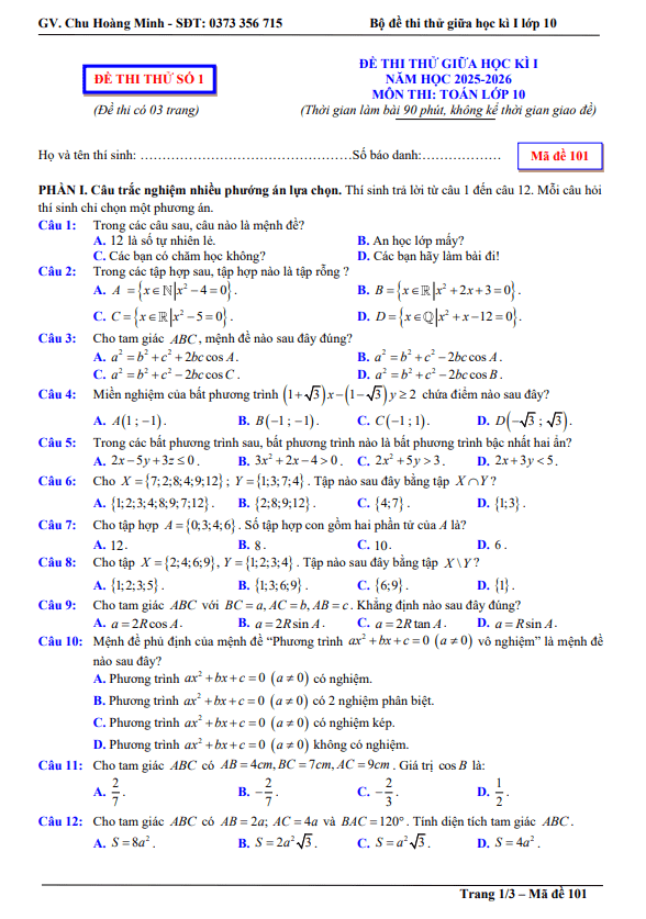 bộ đề thi thử giữa học kì 1 toán 10 năm học 2025 – 2026 – chu hoàng minh