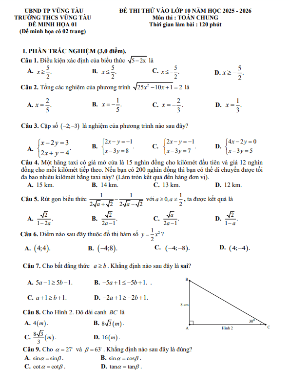 bộ đề thi thử toán vào lớp 10 năm 2025 – 2026 trường thcs vũng tàu – br vt